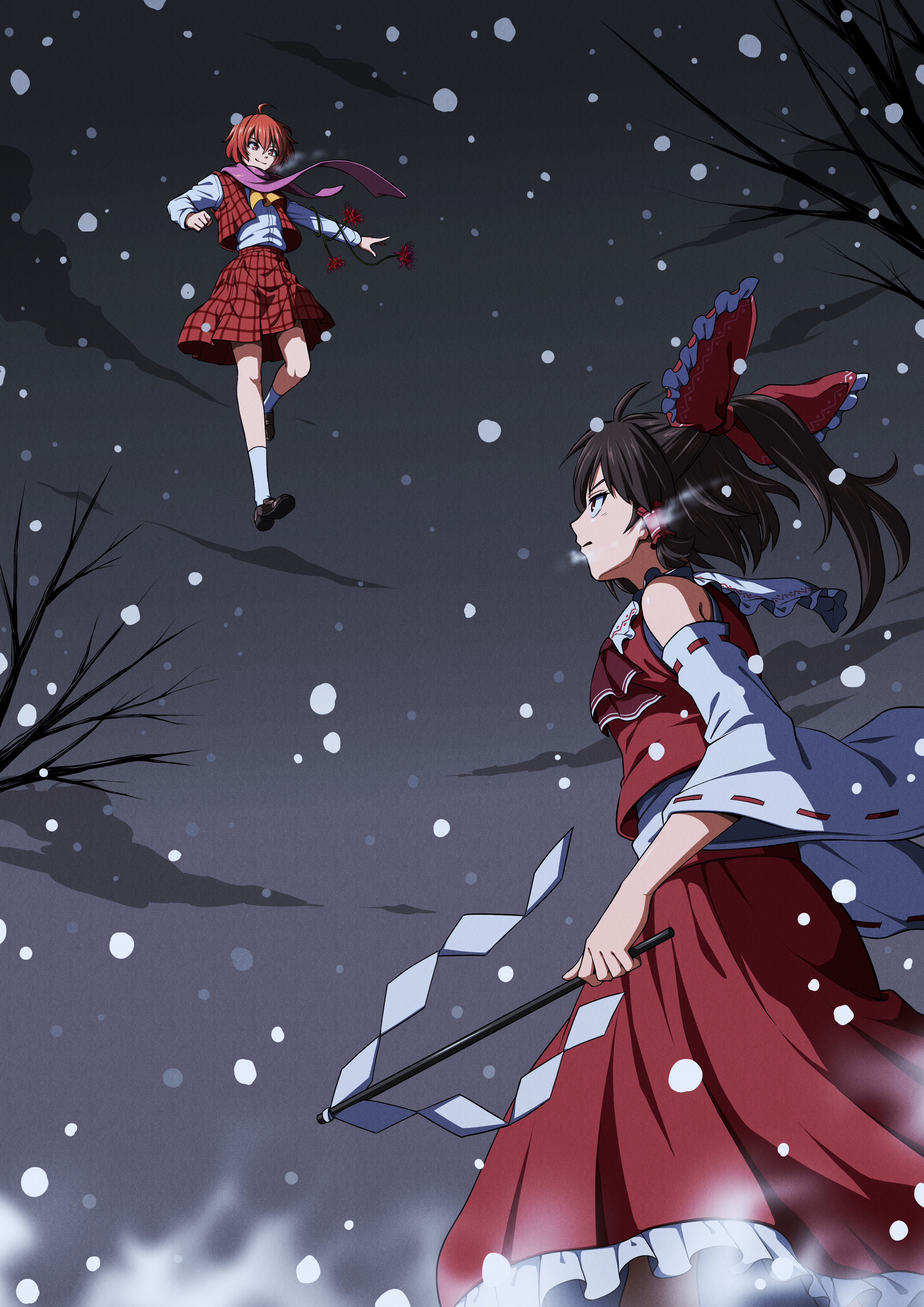 inuno rakugaki, hakurei reimu, original, touhou, absurdres, commission, highres, pixiv commission, black hair, flower, flying, gohei, hair ornament, holding, holding gohei, ponytail, red eyes, red hair, red skirt, scarf, shirt, skirt, snowing, socks, spider lily, tree, white shirt, white socks