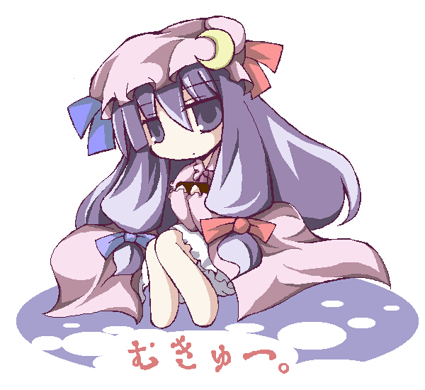 take tonbo, patchouli knowledge, touhou, 1girl, barefoot, chibi, female focus, full body, hat, oekaki, solo, white background