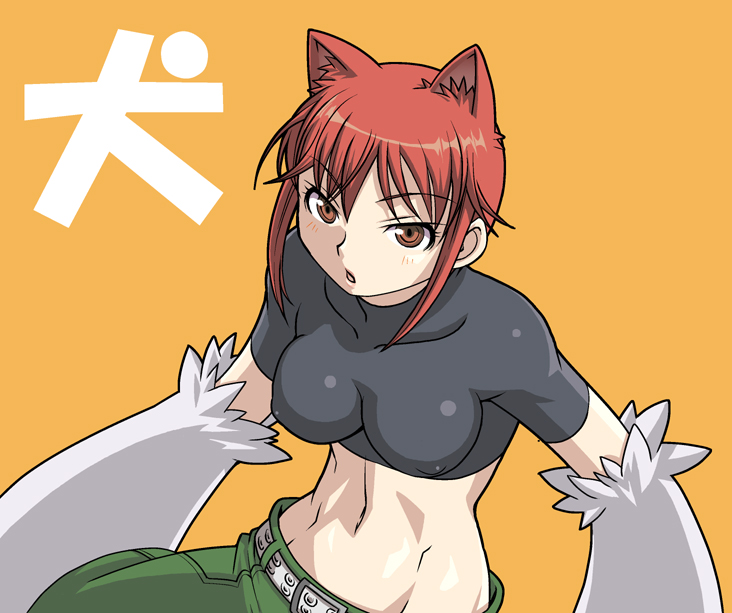 haganemaru kennosuke, riza wildman, kaibutsu oujo, 00s, animal ears, animal hands, babydoll t-shirt, belt, cargo pants, crop top, midriff, orange eyes, pants, red hair, short hair, solo, wolf ears, yellow background