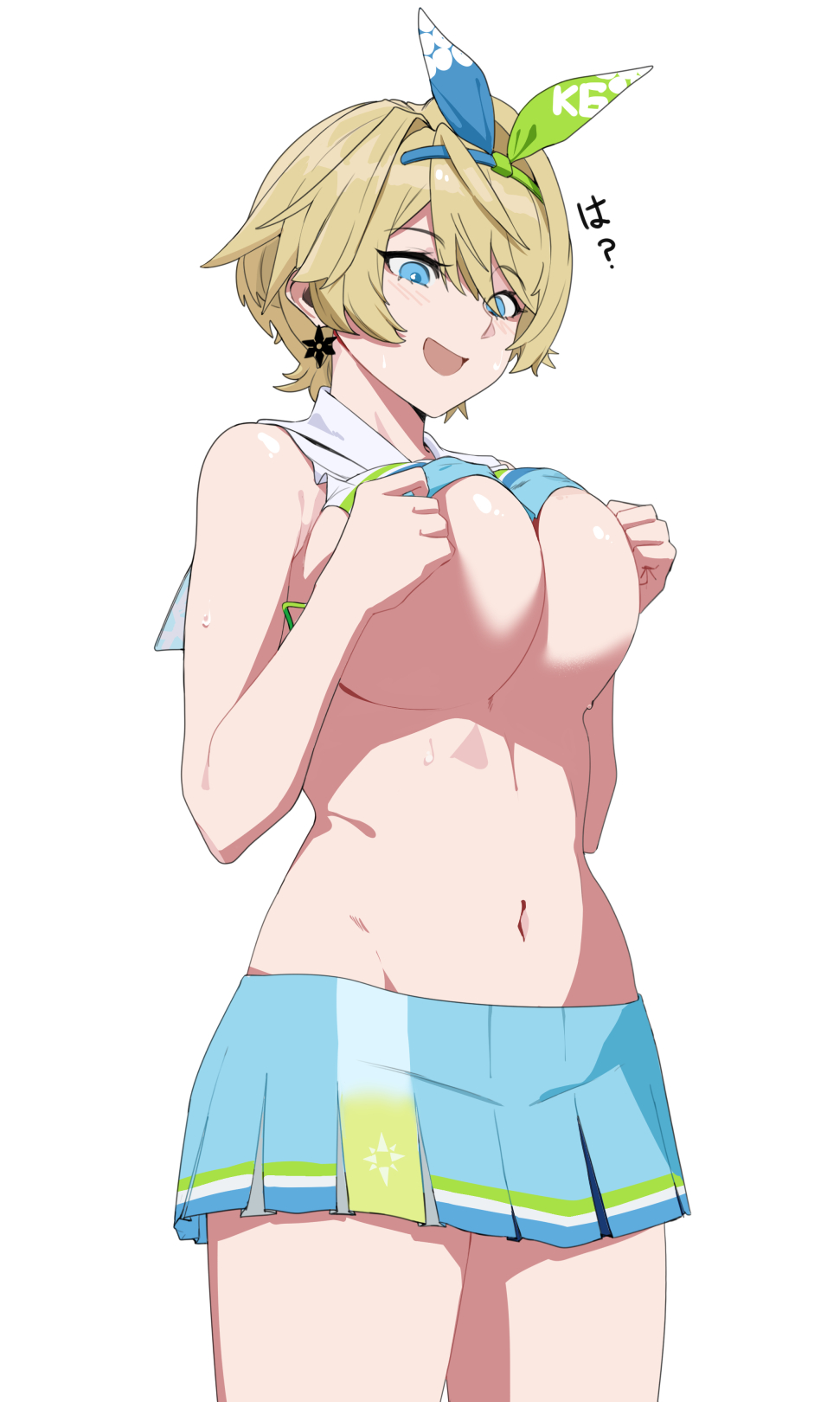 noir (4chan), nikketa (girls' frontline 2), vsk-94 (girls' frontline), girls' frontline, girls' frontline 2: exilium, commentary, english commentary, highres, 1girl, blonde hair, blue eyes, blue skirt, bow hairband, breasts, cheerleader, crop top lift, earrings, hairband, huge breasts, jewelry, miniskirt, mole, mole under eye, multicolored skirt, navel, nikketa (dance like the blazing sun) (girls' frontline 2), official alternate costume, short hair, simple background, skirt, snowflake earrings, solo, two-tone hairband, underboob, undersized clothes, white background