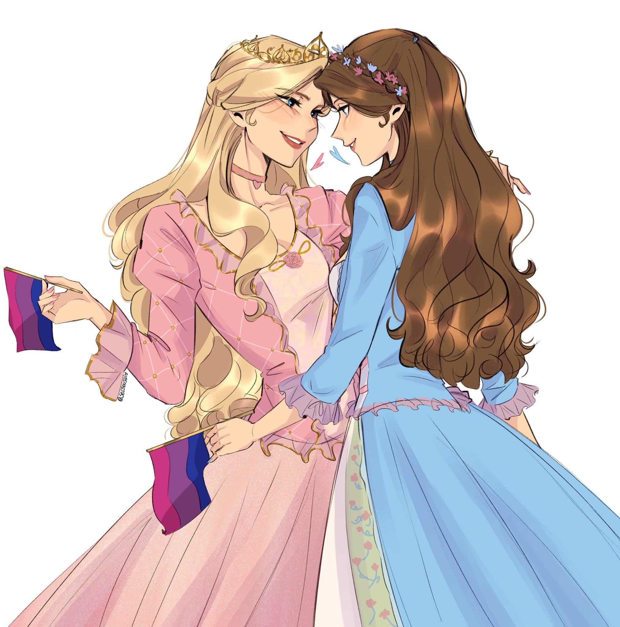 seijousai, barbie (character), barbie (franchise), character request, commentary, english commentary, highres, 2girls, bisexual flag, blonde hair, blue dress, blue eyes, blush, brown hair, choker, dress, eye contact, flag, hand on another's shoulder, head wreath, heart, holding, holding flag, long hair, long sleeves, looking at another, multiple girls, parted lips, pink choker, pink dress, red lips, simple background, smile, tiara, white background, yuri