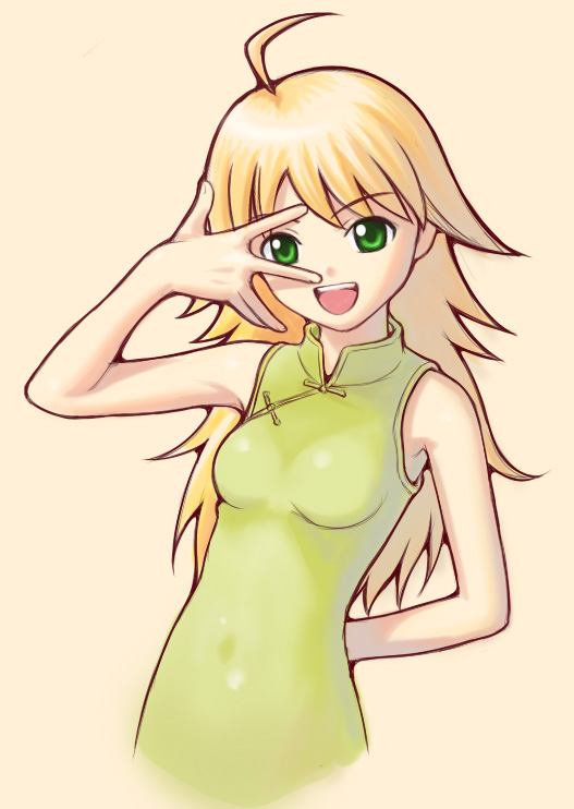 nekopuchi, hoshii miki, idolmaster, idolmaster (classic), idolmaster 1, 00s, 1girl, ahoge, blonde hair, breasts, china dress, chinese clothes, dress, female focus, green dress, green eyes, green shirt, shirt, solo