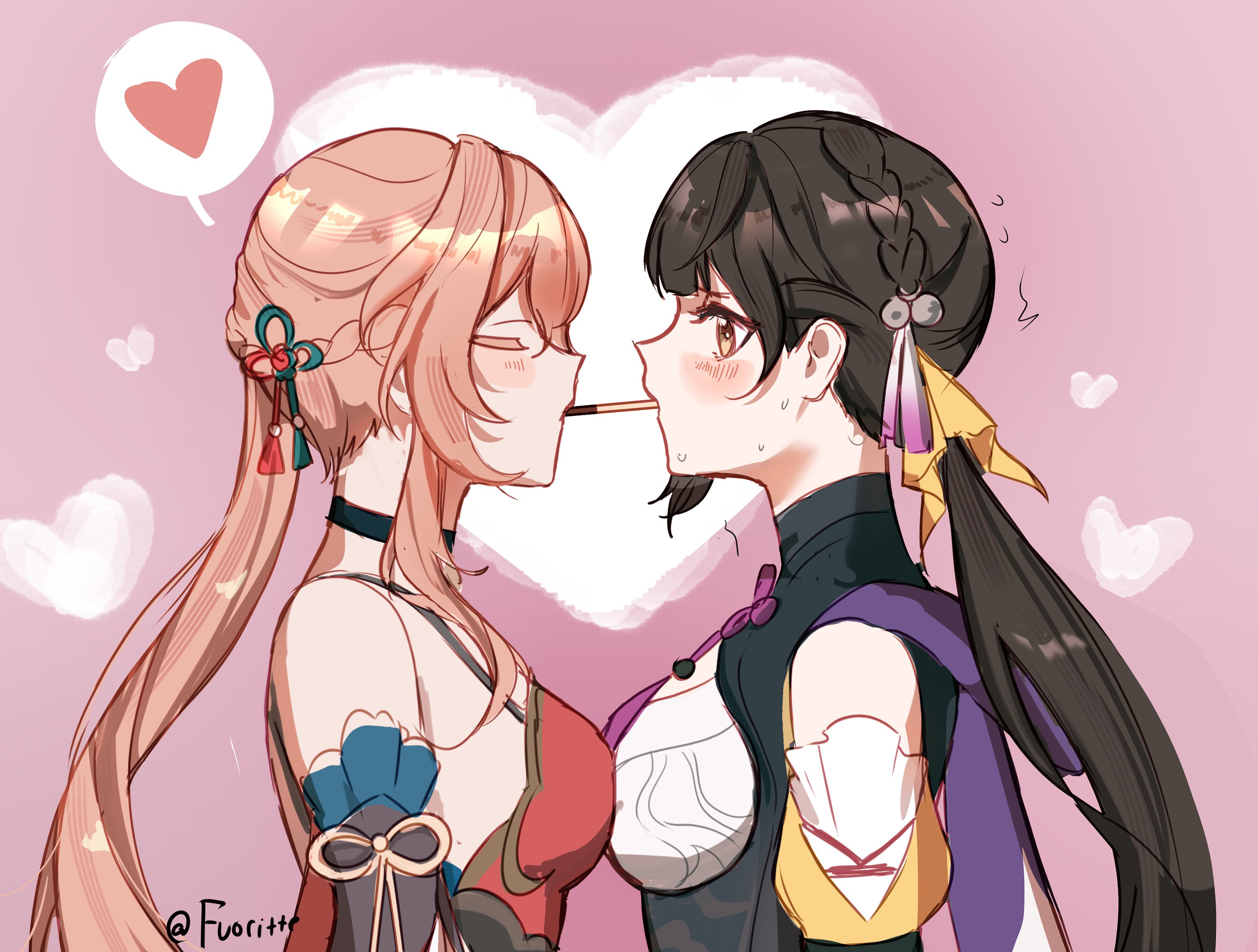 fuori, guinaifen (honkai: star rail), sushang (honkai: star rail), honkai: star rail, honkai (series), commentary, english commentary, highres, 2girls, bare shoulders, black hair, blush, breast press, breasts, brown eyes, closed eyes, dress, food, hair ornament, heart, long hair, multiple girls, pink background, pink hair, pocky, pocky kiss, ponytail, red dress, shared food, sweat, symmetrical docking, yuri