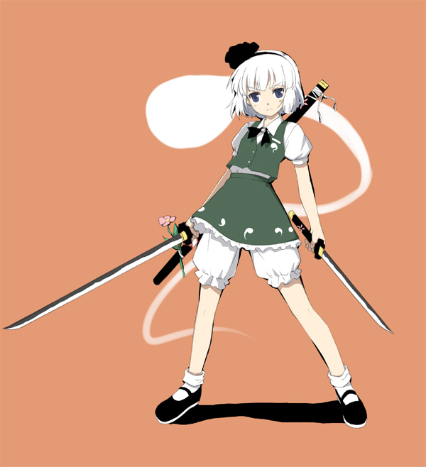 sakumo, sakumo (karatama), konpaku youmu, konpaku youmu (ghost), touhou, 1girl, bloomers, blue eyes, dual wielding, female focus, hitodama, holding, katana, orange background, short hair, solo, sword, underwear, weapon, white bloomers, white hair