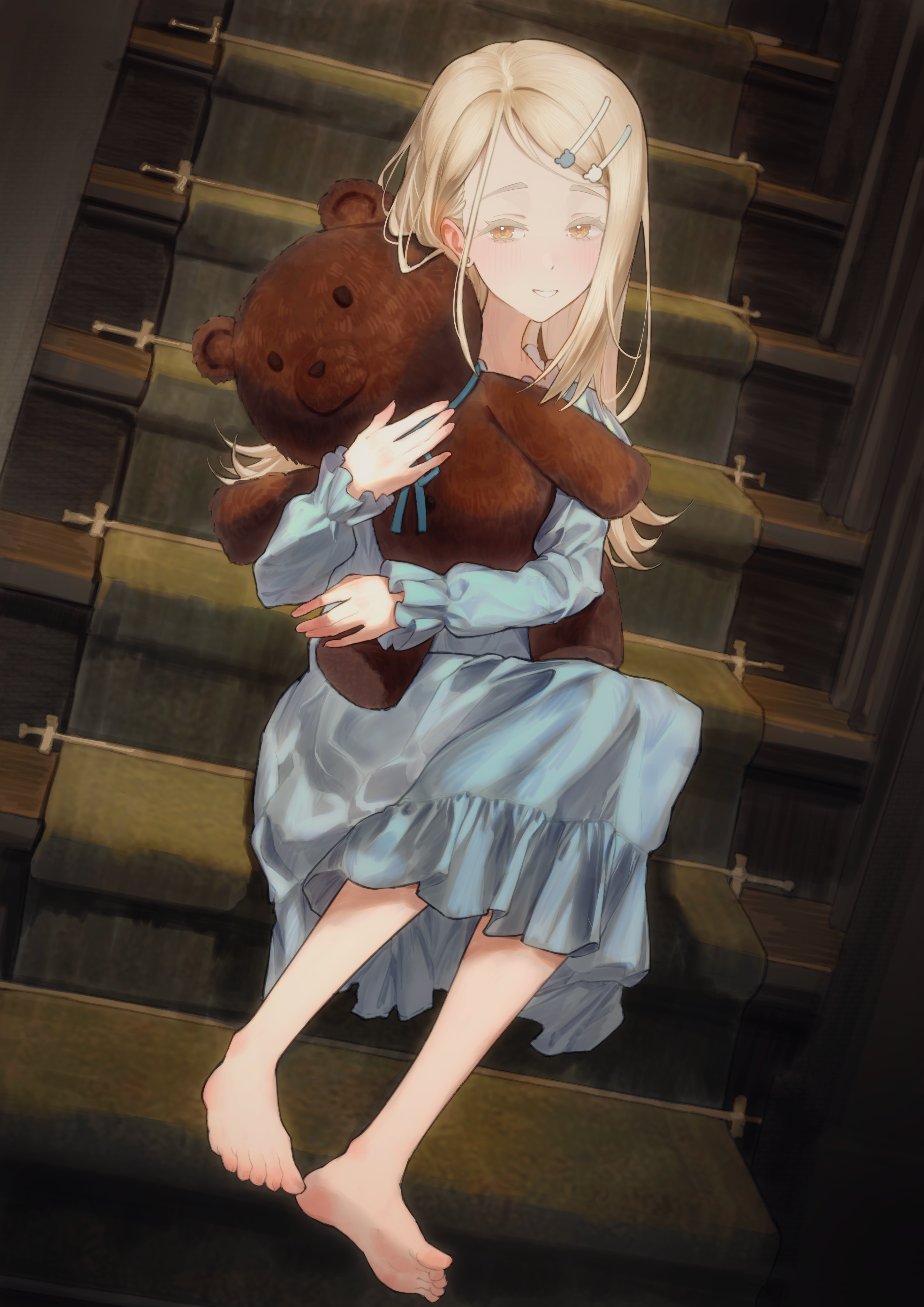 crane666, shinosawa hiro, gakuen idolmaster, idolmaster, absurdres, commentary request, highres, revision, 1girl, barefoot, blonde hair, blue dress, blush, colored eyelashes, dress, earrings, feet, frilled sleeves, frills, full body, hugging doll, hugging object, indoors, jewelry, long hair, long sleeves, looking at viewer, on stairs, orange hair, pajamas, sitting, smile, soles, solo, straight hair, stud earrings, stuffed animal, stuffed toy, swept bangs, teddy bear, toenails, toes