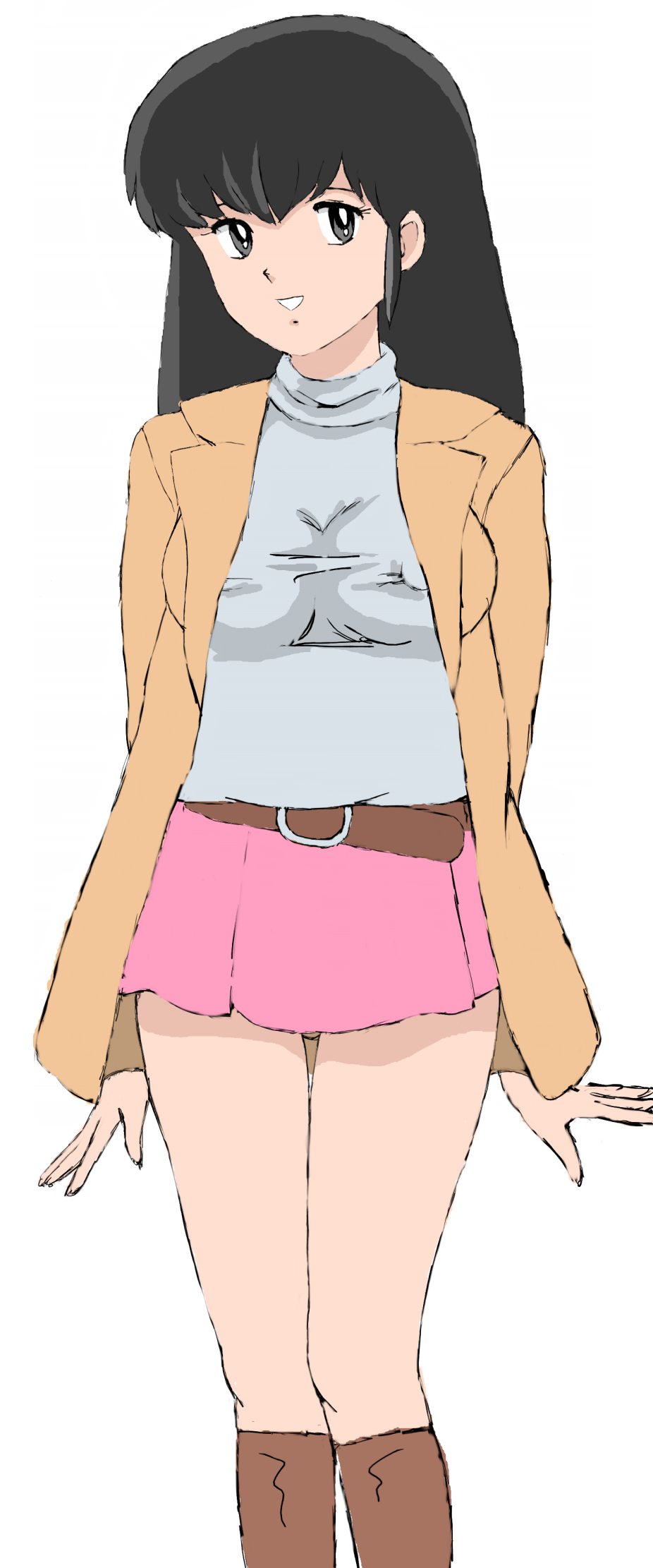 tsukiyo no ribbon, otonashi kyouko, maison ikkoku, highres, 1girl, bare legs, boots, breasts, covered erect nipples, female focus, long hair, looking at viewer, medium breasts, miniskirt, nipples, simple background, skirt, smile, solo, standing, thigh gap, white background
