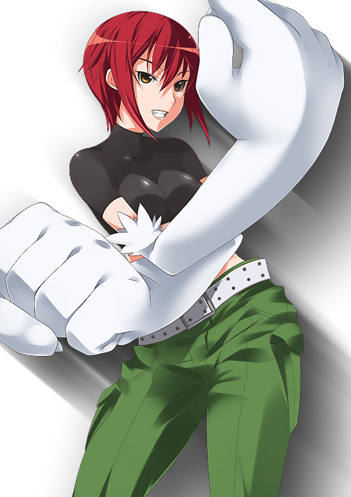 mizuki makoto, riza wildman, kaibutsu oujo, 00s, 1girl, animal hands, belt, cargo pants, crop top, female focus, foreshortening, grin, looking at viewer, orange eyes, pants, red hair, short hair, smile, solo