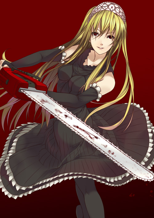 mizuki makoto, hime (kaibutsu oujo), kaibutsu oujo, 00s, blonde hair, chainsaw, crown, dress, gloves, hat, red eyes, solo, thighhighs, tiara, yandere