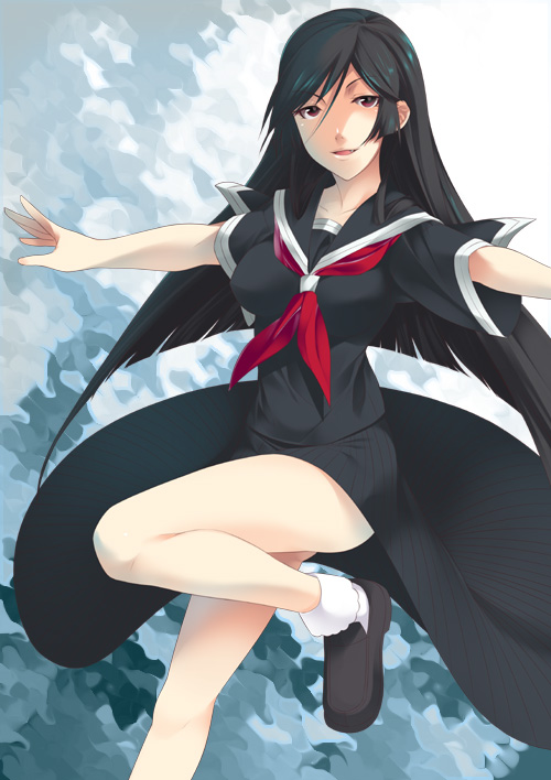 mizuki makoto, kamura reiri, medicine melancholy, kaibutsu oujo, 00s, 1girl, :d, bare legs, black hair, black shoes, black skirt, bobby socks, collarbone, fang, female focus, gradient background, leg up, loafers, long hair, long skirt, looking at viewer, looking back, neckerchief, open mouth, outstretched arms, red eyes, red neckerchief, school uniform, serafuku, shoes, short sleeves, skirt, smile, socks, solo, standing, standing on one leg, straight hair, thighs, tsurime, vampire, very long hair, white socks
