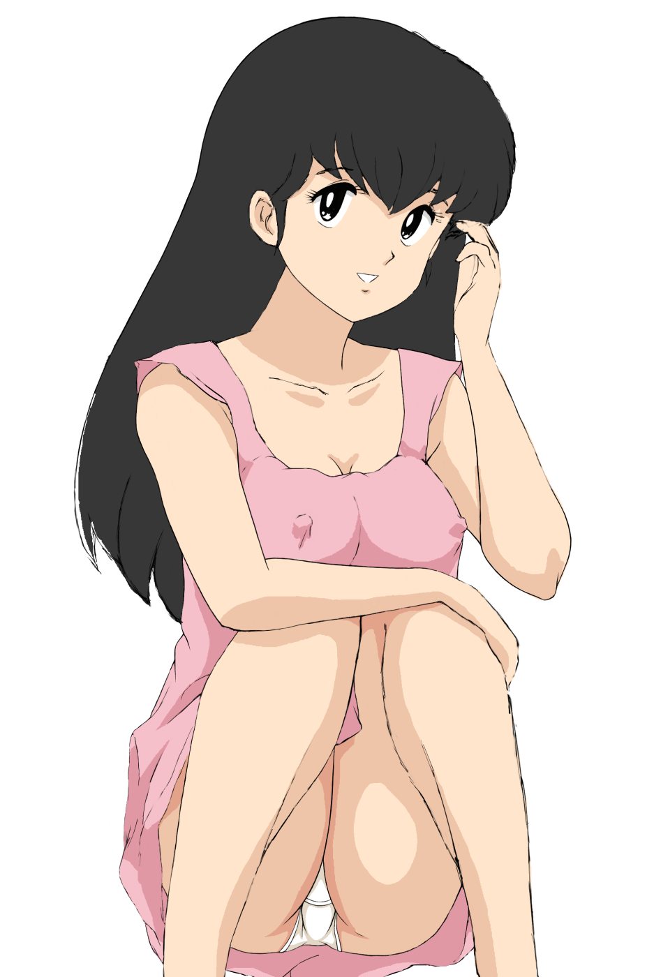 tsukiyo no ribbon, otonashi kyouko, maison ikkoku, highres, 1girl, ass, bare legs, black hair, breasts, cleavage, covered erect nipples, dress, female focus, long hair, looking at viewer, nipples, panties, simple background, sitting, solo, underwear, white background, white panties