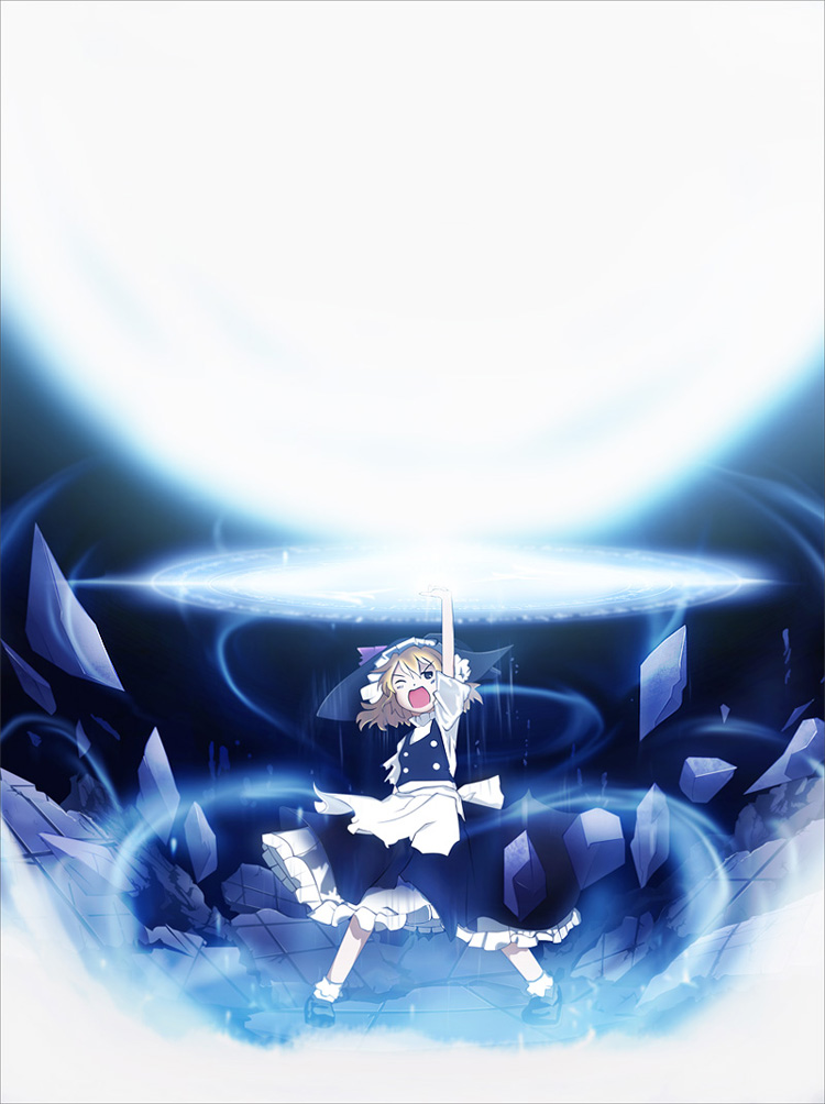 kirisame marisa, touhou, 1girl, blonde hair, dress, energy, energy beam, female focus, hat, magic, master spark, rubble, solo, witch, witch hat