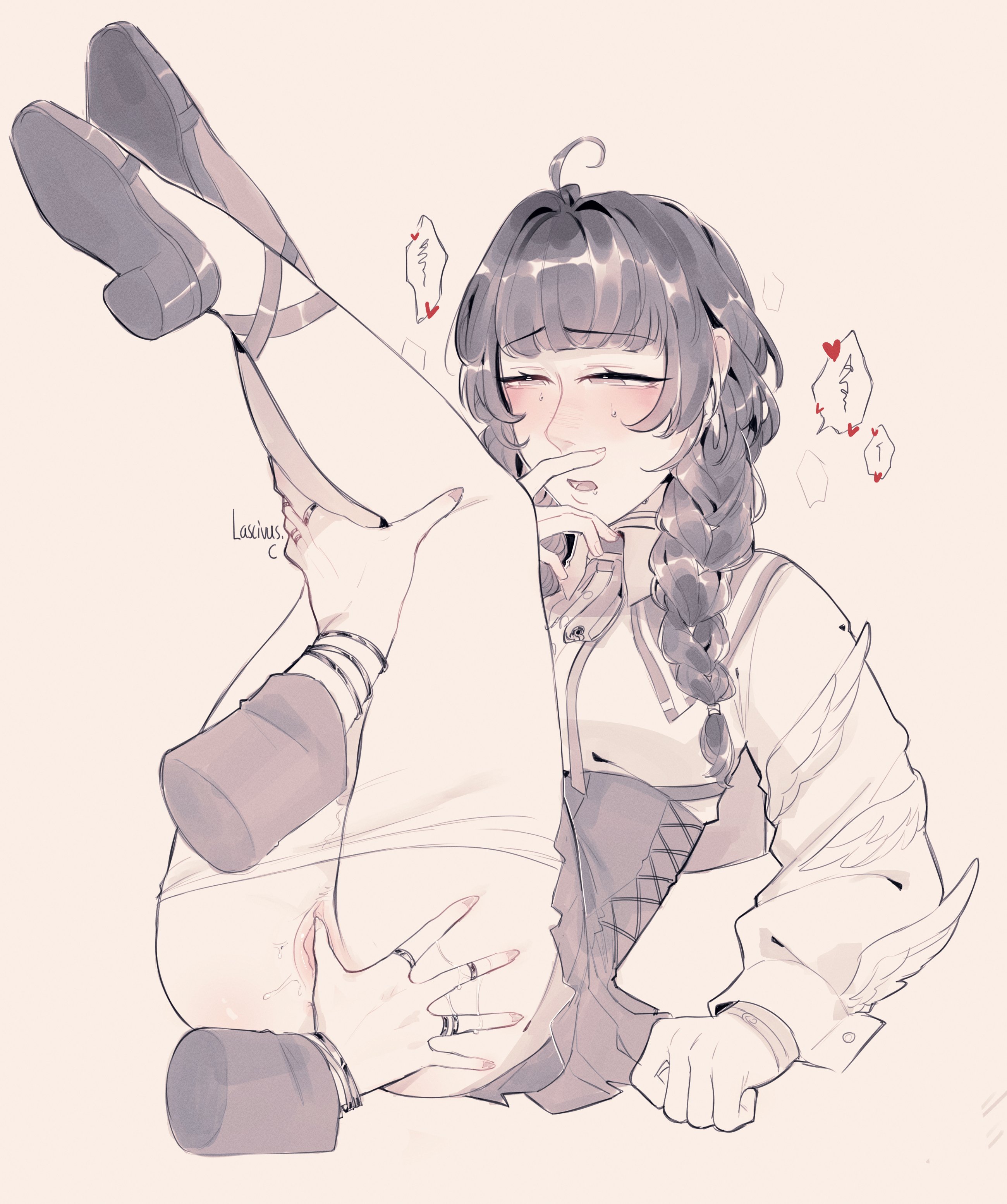 korichi celeste, dove (path to nowhere), vautour bleu (path to nowhere), path to nowhere, absurdres, highres, 2girls, ahoge, bracelet, braid, clitoral hood, clothes pull, collared shirt, fingering, half-closed eyes, hand on another's leg, heart, jewelry, legs up, long sleeves, monochrome, multiple girls, multiple rings, open mouth, pantyhose, pantyhose pull, pussy, pussy juice, pussy juice on fingers, ring, shirt, skirt, speech bubble, spoken heart, sweat, twin braids, uncensored, yuri