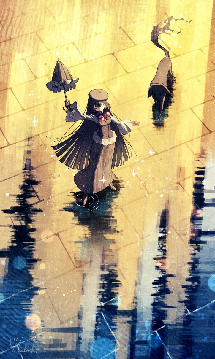 hinata (echoloveloli), original, commentary request, highres, 1girl, bow, bowtie, closed eyes, dog, from above, glitch, hat, long hair, long skirt, parasol, ripples, skirt, smile, solo, sparkle, umbrella, very long hair, wide sleeves