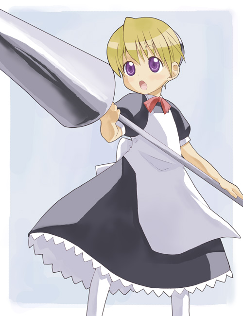 takano natsuki, flandre (kaibutsu oujo), kaibutsu oujo, 00s, 1girl, android, blonde hair, female focus, lance, maid, pantyhose, polearm, purple eyes, short hair, solo, spear, standing, weapon