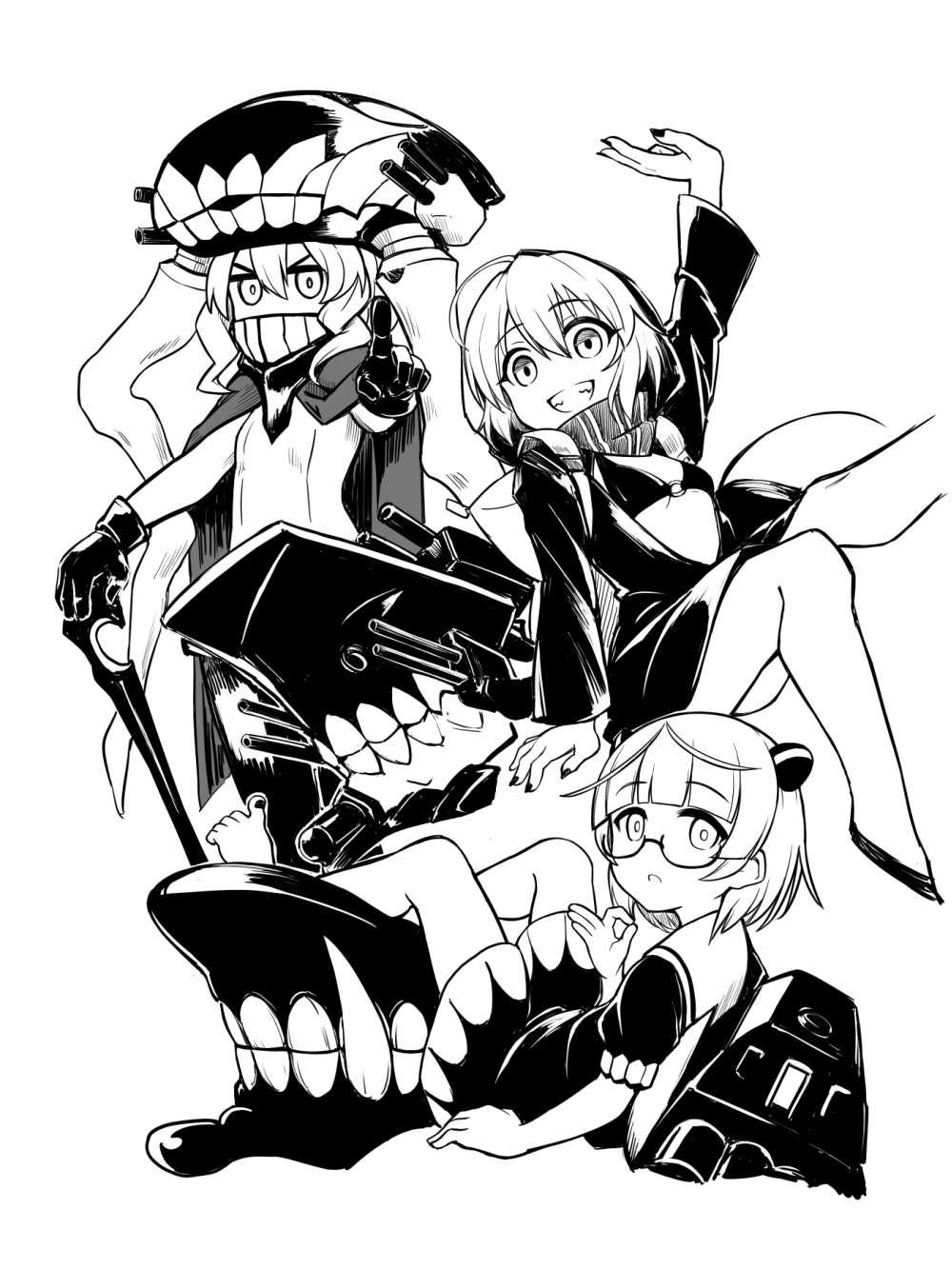 shishigami (sunagimo), abyssal plum princess, re-class battleship, wo-class aircraft carrier, kantai collection, highres, 3girls, abyssal ship, arm up, barefoot, bikini, breasts, can, cape, covered mouth, dress, glasses, gloves, greyscale, grin, hair between eyes, hood, hood up, monochrome, multiple girls, o-ring, o-ring bikini, sailor collar, sailor dress, small breasts, smile, swimsuit