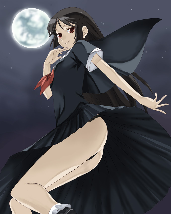 takano natsuki, kamura reiri, kaibutsu oujo, 00s, black hair, black panties, black skirt, from below, legs, moon, panties, pleated skirt, red eyes, school uniform, serafuku, skirt, solo, underwear, upskirt, vampire, wind, wind lift