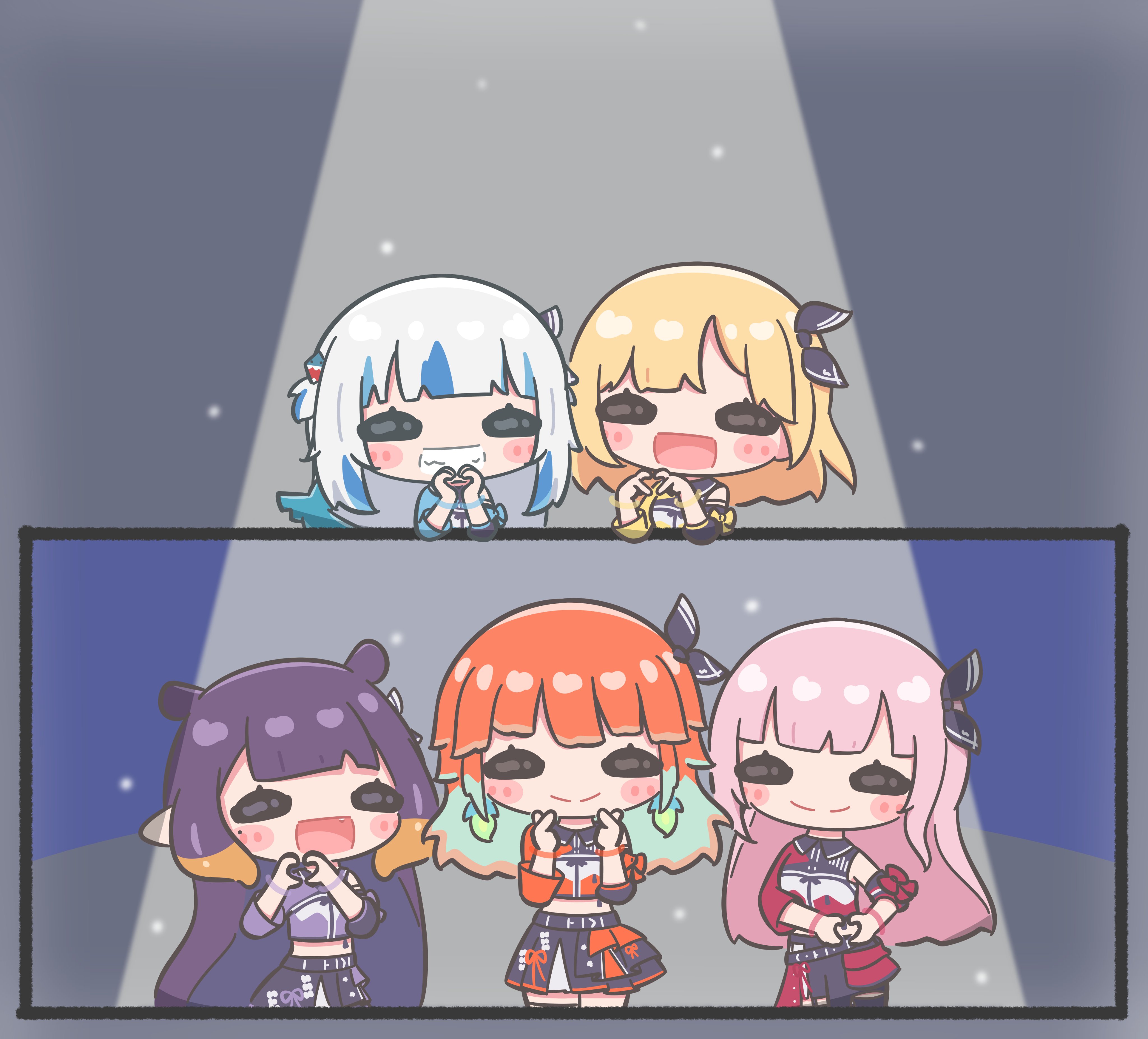 mpien, gawr gura, mori calliope, ninomae ina'nis, takanashi kiara, watson amelia, hololive, hololive english, absurdres, highres, 5girls, ^ ^, aqua hair, blonde hair, blue hair, blush stickers, closed eyes, fang, grin, hair ribbon, heart, heart hands, hololive idol uniform (color rise), long hair, medium hair, mole, mole under eye, multicolored hair, multiple girls, official alternate costume, open mouth, orange hair, pink hair, pointy ears, purple hair, ribbon, skirt, smile, spotlight, streaked hair, tentacle hair, two side up, virtual youtuber, white hair