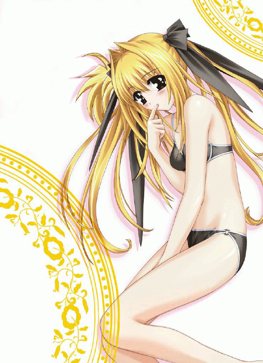 nekonyan, fate testarossa, lyrical nanoha, mahou shoujo lyrical nanoha, third-party edit, 00s, 1girl, bikini, black bikini, blonde hair, blush, female focus, finger in own mouth, long hair, solo, swimsuit, twintails