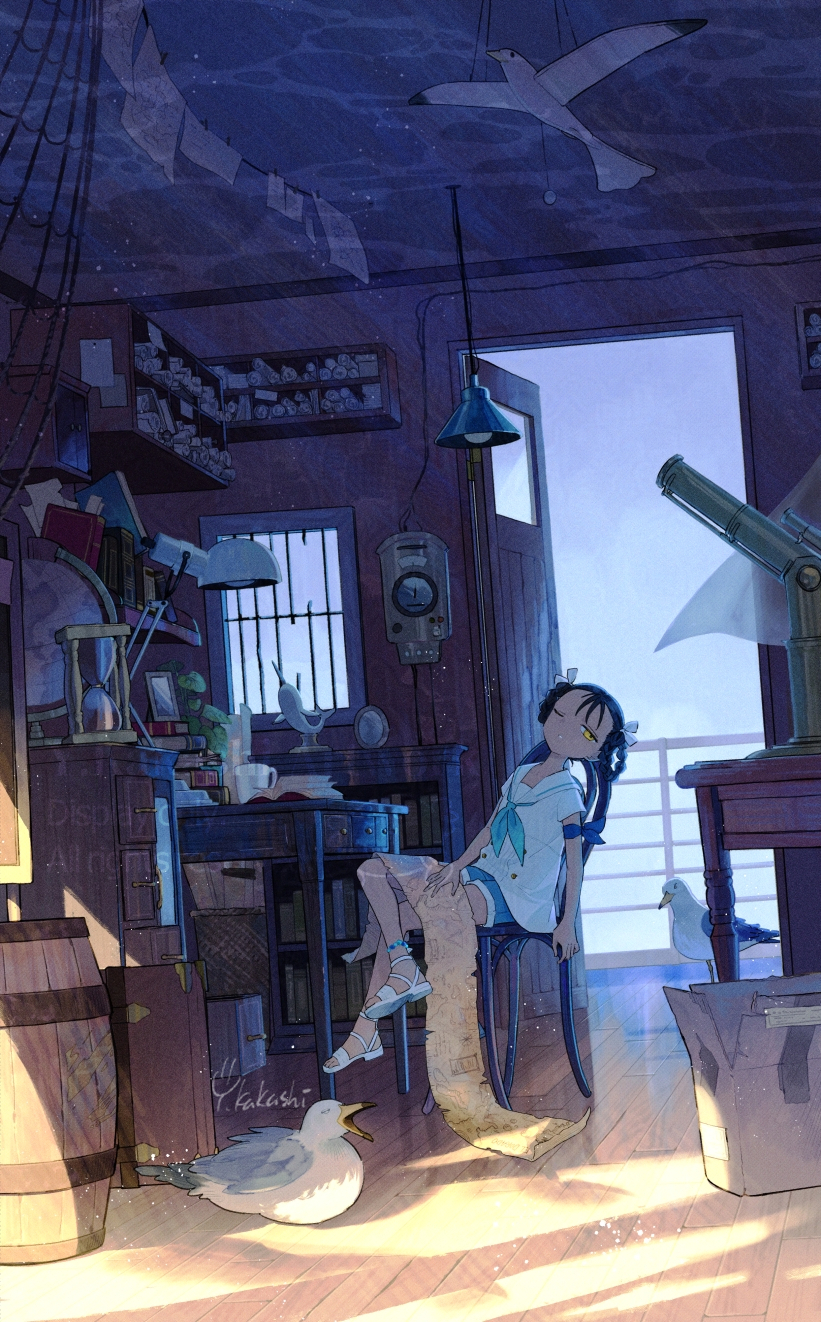 hinata (echoloveloli), original, commentary request, highres, 1girl, bird, black hair, braid, braided hair rings, full body, hair rings, indoors, looking at viewer, one eye closed, sailor collar, sandals, seagull, shorts, sitting, solo, yellow eyes