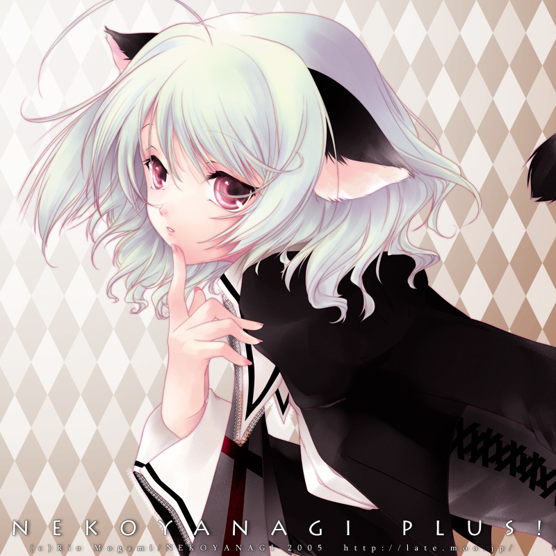 mogami rio, original, silver hair, 1girl, ahoge, animal ears, bent over, cat ears, cat tail, female focus, finger to mouth, nail polish, pink eyes, pink nails, short hair, solo, tail