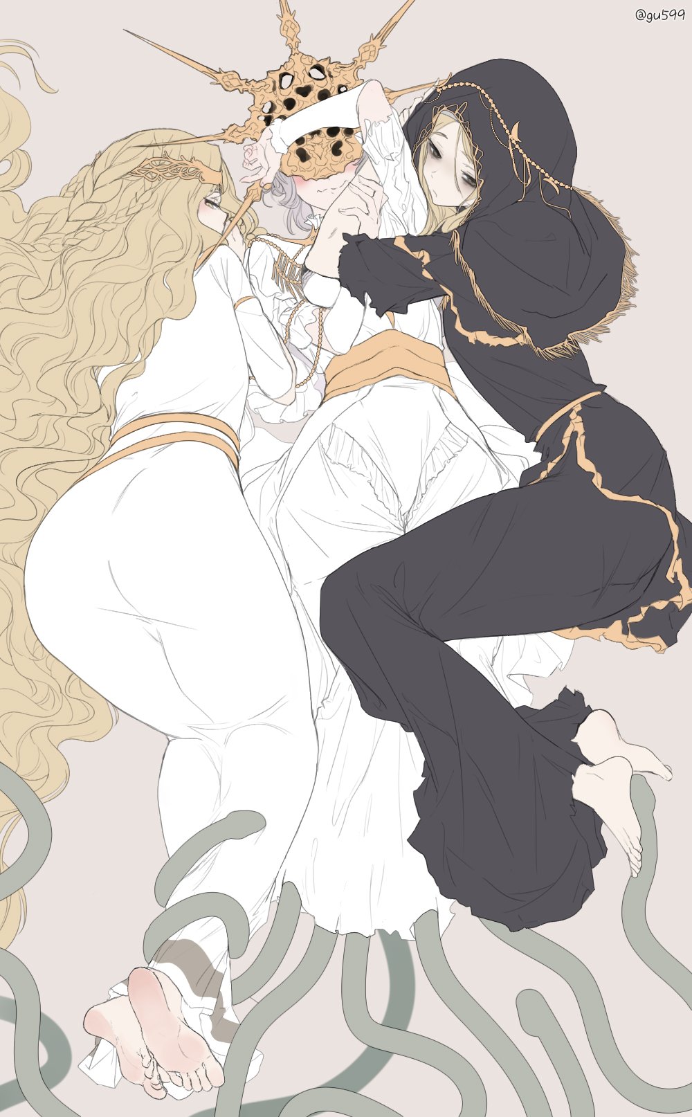 charles (gu599), queen marika the eternal, elden ring, character request, highres, korean commentary, 3girls, arm up, arm warmers, ass, black eyes, blonde hair, braid, dress, hug, long dress, long hair, mask, mask on head, multiple girls, tiara, veil, very long hair, white arm warmers, white dress