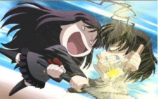 katsura kotonoha, saionji sekai, school days, 00s, 1boy, 2girls, ahoge, chibi, multiple girls, sword, thighhighs, weapon