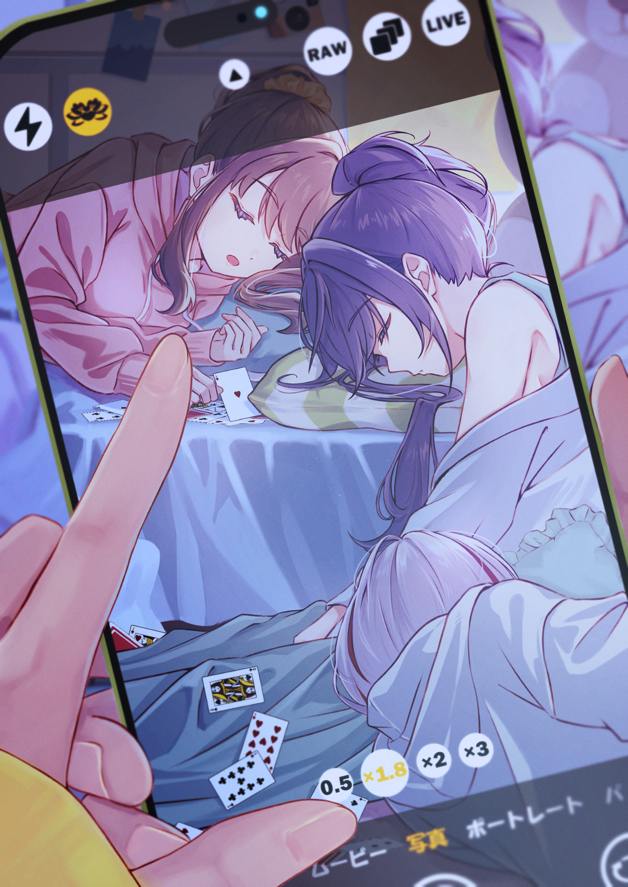 macken666, fujishima megumi, ogami sachi, otomune kozue, yugiri tsuzuri, link! like! love live!, love live!, commentary request, highres, 4girls, armpit crease, bare shoulders, brown hair, card, cellphone, closed eyes, closed mouth, female pov, grey tank top, hair ornament, hair scrunchie, hasu no daisankaku, holding, holding phone, hood, hooded jacket, hoodie, indoors, iphone, jacket, lap pillow, leaning to the side, long hair, long sidelocks, long sleeves, multicolored hair, multiple girls, on bed, on floor, open mouth, phone, pink hoodie, playing card, pov, pov hands, purple hair, red hair, scrunchie, short hair, side ponytail, sidelocks, sleeping, sleeves past wrists, smartphone, streaked hair, taking picture, tank top, virtual youtuber, white hair, white jacket