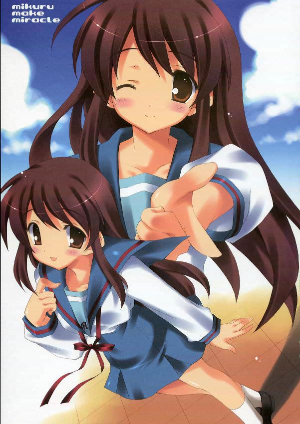 satomi hinako, asahina mikuru, suzumiya haruhi no yuuutsu, 00s, 1girl, blush, brown eyes, brown hair, cloud, day, multiple views, one eye closed, pointing, school uniform, serafuku, sky, wink