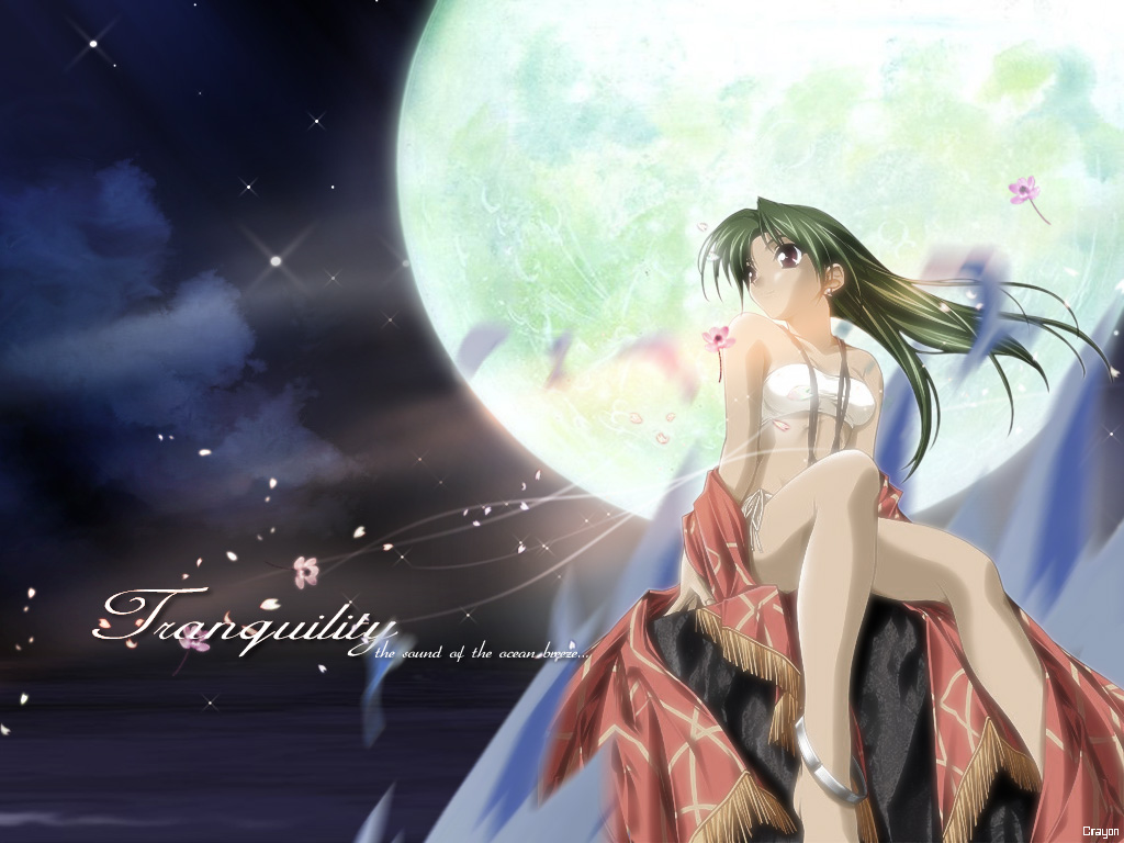 hashimoto takashi, cyamna fon, with you, third-party edit, 00s, 1girl, anklet, bandeau, barefoot, bikini, cloud, earrings, female focus, flat chest, flower, full moon, green hair, jewelry, legs, long hair, moon, motion blur, necklace, night, night sky, outdoors, petals, purple eyes, shawl, side-tie bikini bottom, sitting, sky, smile, solo, strapless, swimsuit, tan, tube top, watermark, wind