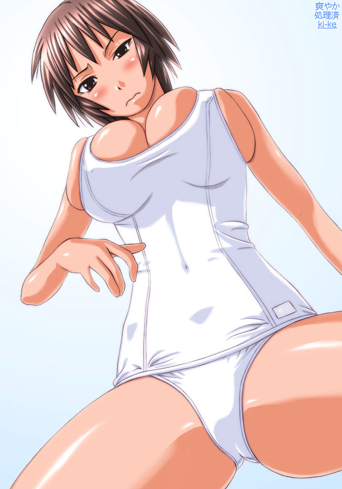 ki-ke, kagura (azumanga daioh), azumanga daiou, 1girl, breasts, brown hair, bursting breasts, female focus, huge breasts, large breasts, one-piece swimsuit, school swimsuit, short hair, solo, swimsuit, white one-piece swimsuit, white school swimsuit
