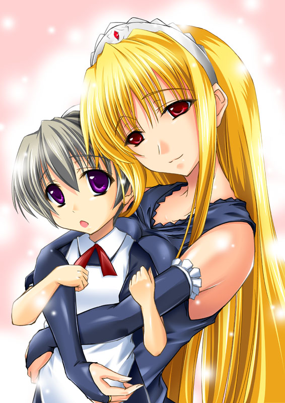 maho (yakimorokoshi), mashuu (masyu), flandre (kaibutsu oujo), hime (kaibutsu oujo), kaibutsu oujo, 00s, 2girls, :3, android, blonde hair, crown, dress, female focus, gloves, hat, hug, maid, multiple girls, purple eyes, red eyes, tiara, yuri