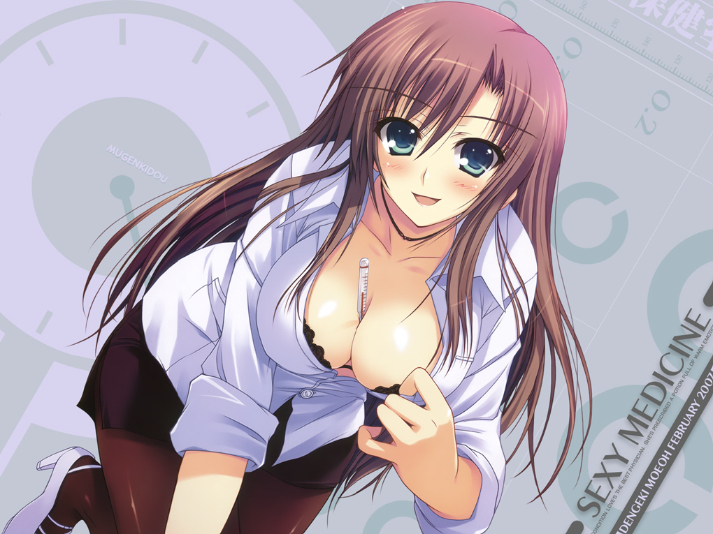 tomose shunsaku, 1girl, between breasts, breasts, brown hair, cleavage, female focus, long hair, nurse, pantyhose, solo