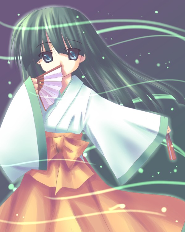 1girl, black hair, blue eyes, covering face, covering own mouth, covering privates, dual wielding, female focus, folded fan, folding fan, hakama, hakama skirt, hand fan, holding, japanese clothes, long hair, miko, skirt, solo, sparkle, wind