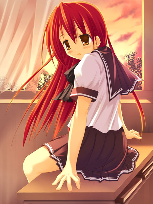 tagme, blush, long hair, orange hair, school uniform, serafuku, smile, solo