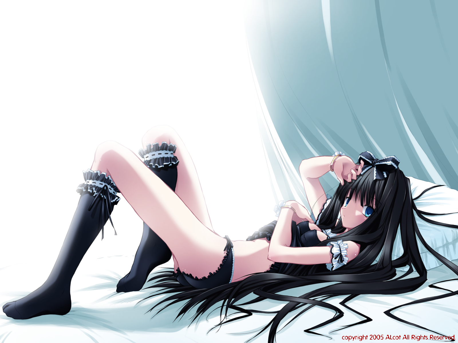 nimura yuuji, maya (triptych), saiga (company), triptych, highres, 1girl, arm garter, bed, black hair, black panties, black socks, blue eyes, bow, bra, bracelet, breasts, covered erect nipples, female focus, gothic lolita, hair bow, hair ribbon, jewelry, kneehighs, legs, lingerie, lolita fashion, long hair, looking at viewer, lying, on back, panties, pillow, ribbon, small breasts, socks, solo, underwear, underwear only, very long hair
