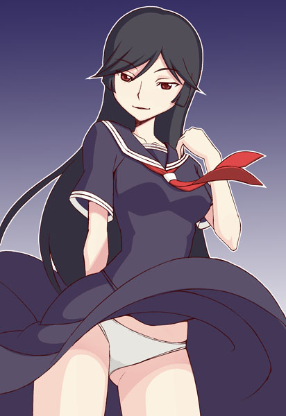 caryo, nanashino, kamura reiri, kaibutsu oujo, 00s, 1girl, black hair, cowboy shot, female focus, gradient background, long hair, looking at viewer, panties, red eyes, school uniform, serafuku, solo, underwear, vampire