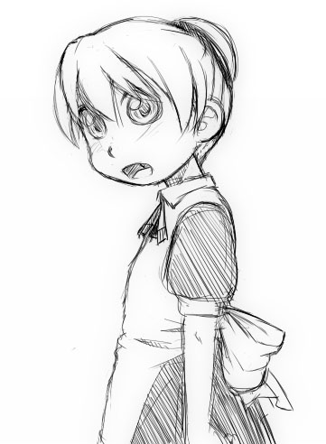 caryo, flandre (kaibutsu oujo), kaibutsu oujo, lowres, 00s, 1girl, android, female focus, maid, monochrome, sketch, solo, standing, white background