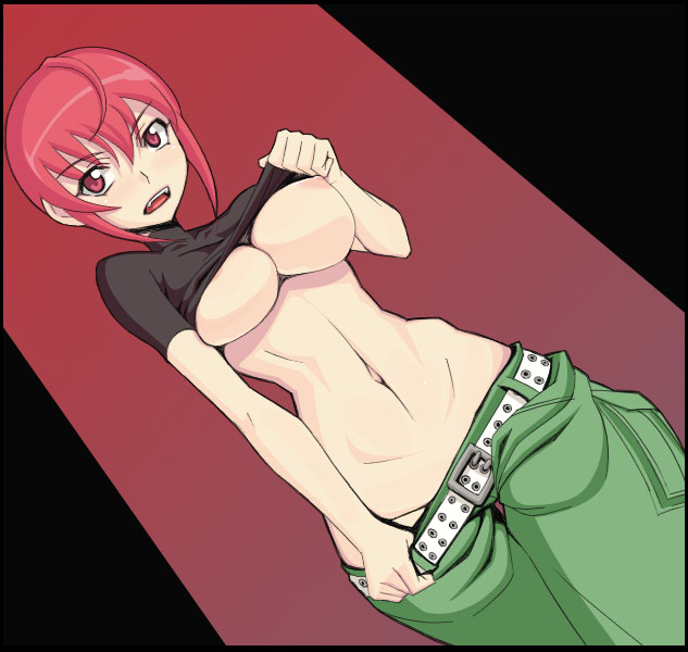 caryo, nanashino, riza wildman, kaibutsu oujo, 00s, 1girl, belt, breasts, cargo pants, clothes lift, clothes pull, crop top, fang, female focus, huge breasts, midriff, narrow waist, nipple slip, nipples, no bra, no panties, pants, pants pull, red eyes, red hair, shirt lift, short hair, solo, underboob
