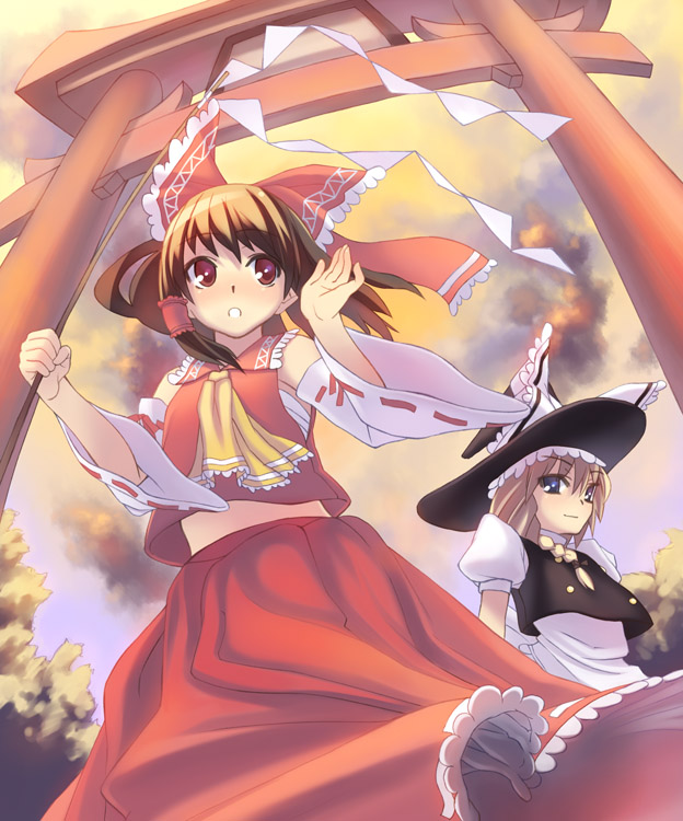 oryo (oryo04), hakurei reimu, kirisame marisa, touhou, 2girls, day, detached sleeves, female focus, fisheye, hat, japanese clothes, midriff peek, miko, multiple girls, nature, outdoors, plant, skirt, sky, torii, witch, witch hat