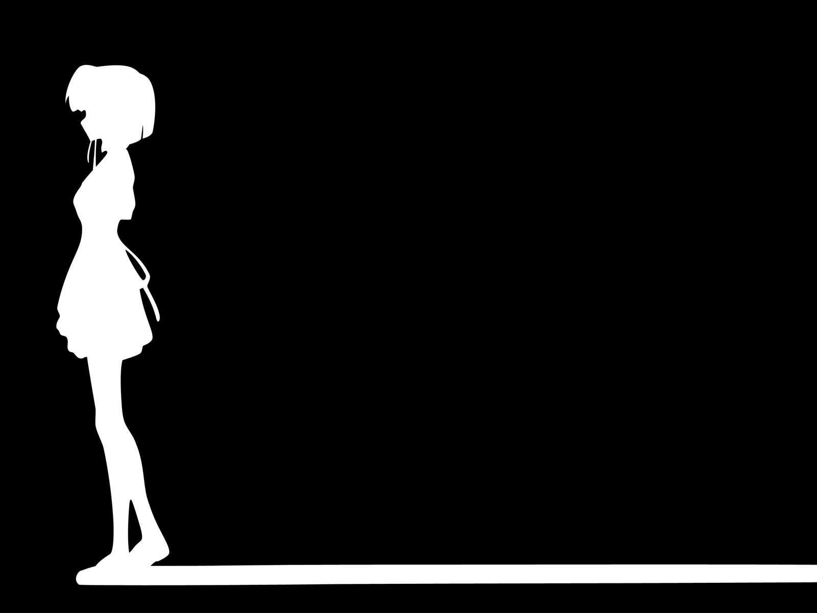 shindou chihiro, ef (visual novel), derivative work, highres, vector trace, 00s, 1girl, black background, dark, dress, female focus, full body, greyscale, high contrast, monochrome, short hair, simple background, solo, standing