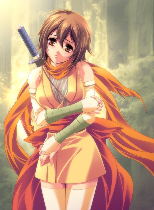 ena roseo, duplicate, 1girl, brown eyes, brown hair, female focus, forest, nature, ninja, short hair, skirt, solo, sword, thighhighs, weapon, zettai ryouiki