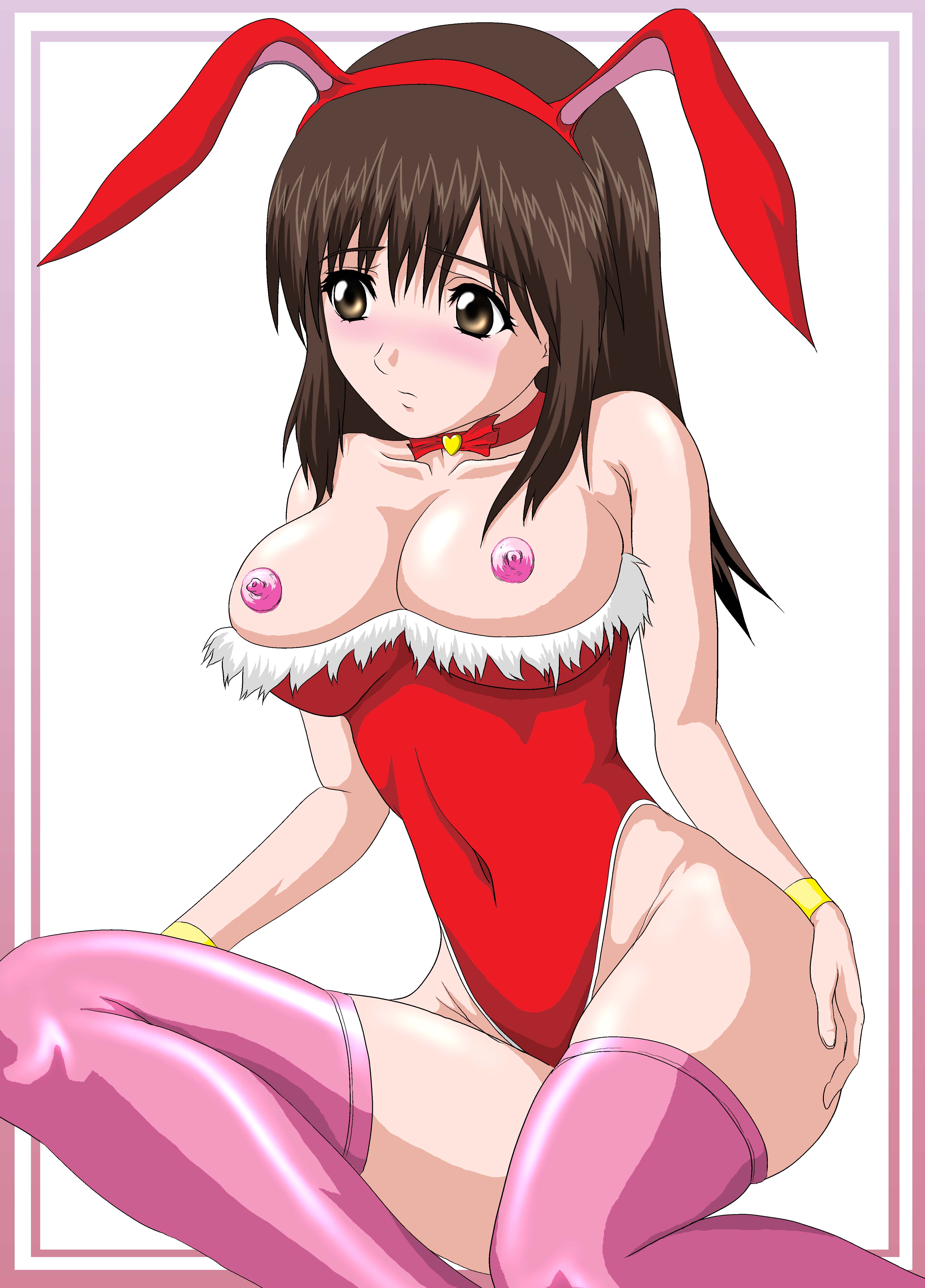absurdres, highres, 1girl, animal ears, blush, breasts, brown eyes, brown hair, choker, christmas, fake animal ears, female focus, leotard, nipples, playboy bunny, rabbit ears, sitting, solo, thighhighs