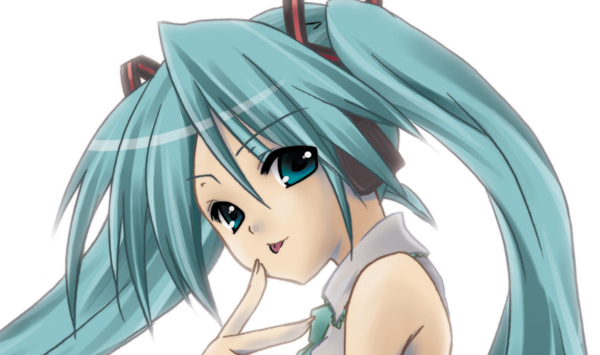 yusya, hatsune miku, vocaloid, 1girl, :p, aqua eyes, aqua hair, aqua necktie, collared shirt, female focus, finger to mouth, from side, grey shirt, hair between eyes, hair ornament, headphones, long hair, looking at viewer, necktie, shirt, simple background, sleeveless, solo, tongue, tongue out, twintails, white background