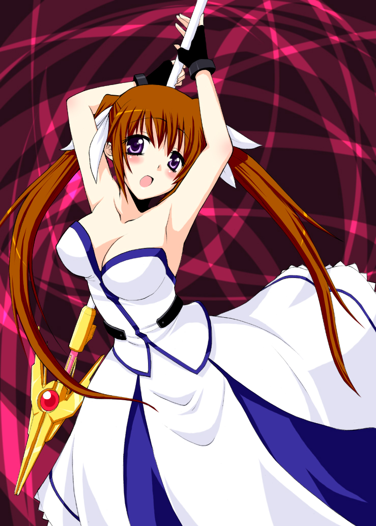saki chisuzu, raising heart, raising heart (exceed mode), takamachi nanoha, takamachi nanoha (exceed mode), lyrical nanoha, mahou shoujo lyrical nanoha, mahou shoujo lyrical nanoha strikers, 00s, 1girl, armpits, bare shoulders, breasts, brown hair, cleavage, corset, female focus, large breasts, long hair, magical girl, purple eyes, solo, twintails