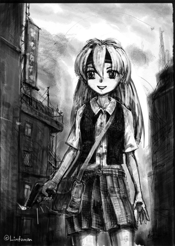 limfoman, original, self-upload, 1girl, :d, arms at sides, bag, building, city, collared shirt, cowboy shot, female focus, grey theme, greyscale, gun, hair between eyes, handbag, handgun, long hair, looking at viewer, monochrome, open clothes, open mouth, open vest, outdoors, over shoulder, pistol, pleated skirt, shirt, short sleeves, sketch, skirt, smile, solo, standing, very long hair, vest, weapon