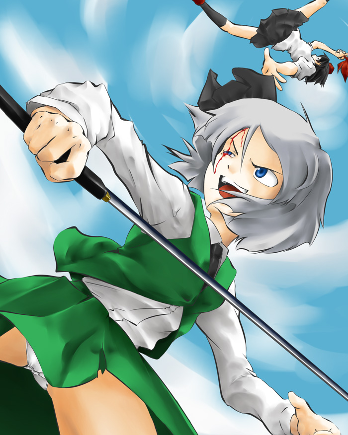byooin, konpaku youmu, shameimaru aya, touhou, 2girls, black hair, bleeding, blood, blood on face, female focus, injury, katana, multiple girls, panties, skirt, sword, underwear, weapon