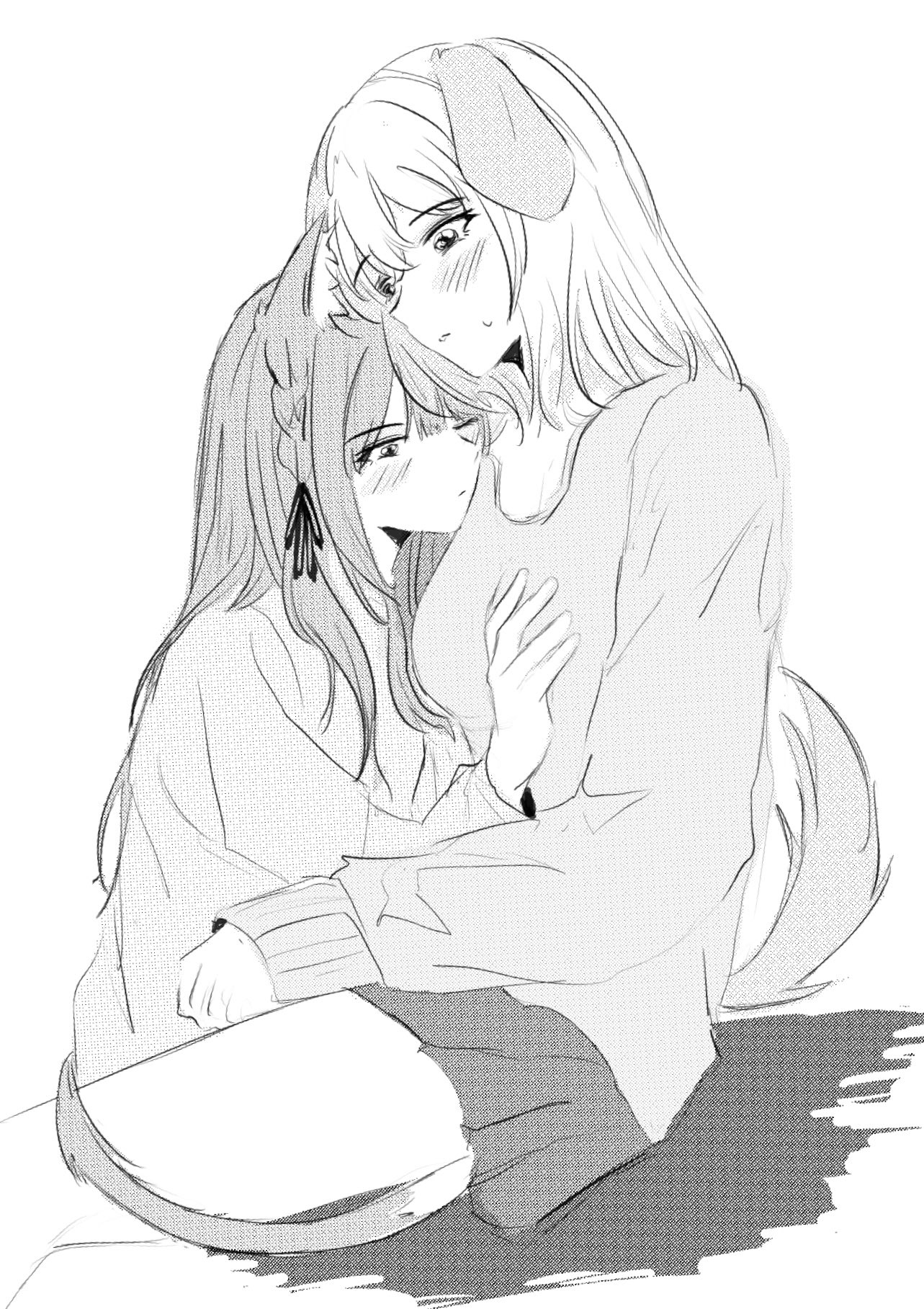 misumi uika, togawa sakiko, bang dream!, bang dream! it's mygo!!!!!, highres, 2girls, animal ears, blush, cat ears, cat girl, cat tail, closed mouth, dog ears, dog girl, dog tail, grabbing another's breast, greyscale, groping, hair ribbon, kemonomimi mode, long sleeves, monochrome, multiple girls, one eye closed, parted lips, pleated skirt, ribbon, skirt, sweater, tail, two side up, uikays, yuri