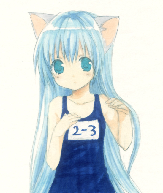 usashiro mani, original, 1girl, animal ears, blue eyes, blue hair, cat ears, female focus, matching hair/eyes, name tag, one-piece swimsuit, school swimsuit, solo, swimsuit