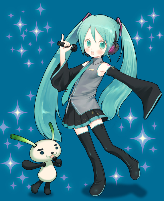hanamura mai, hatsune miku, vocaloid, blush, detached sleeves, green eyes, green hair, headphones, long hair, microphone, solo, spring onion, thighhighs, twintails, very long hair