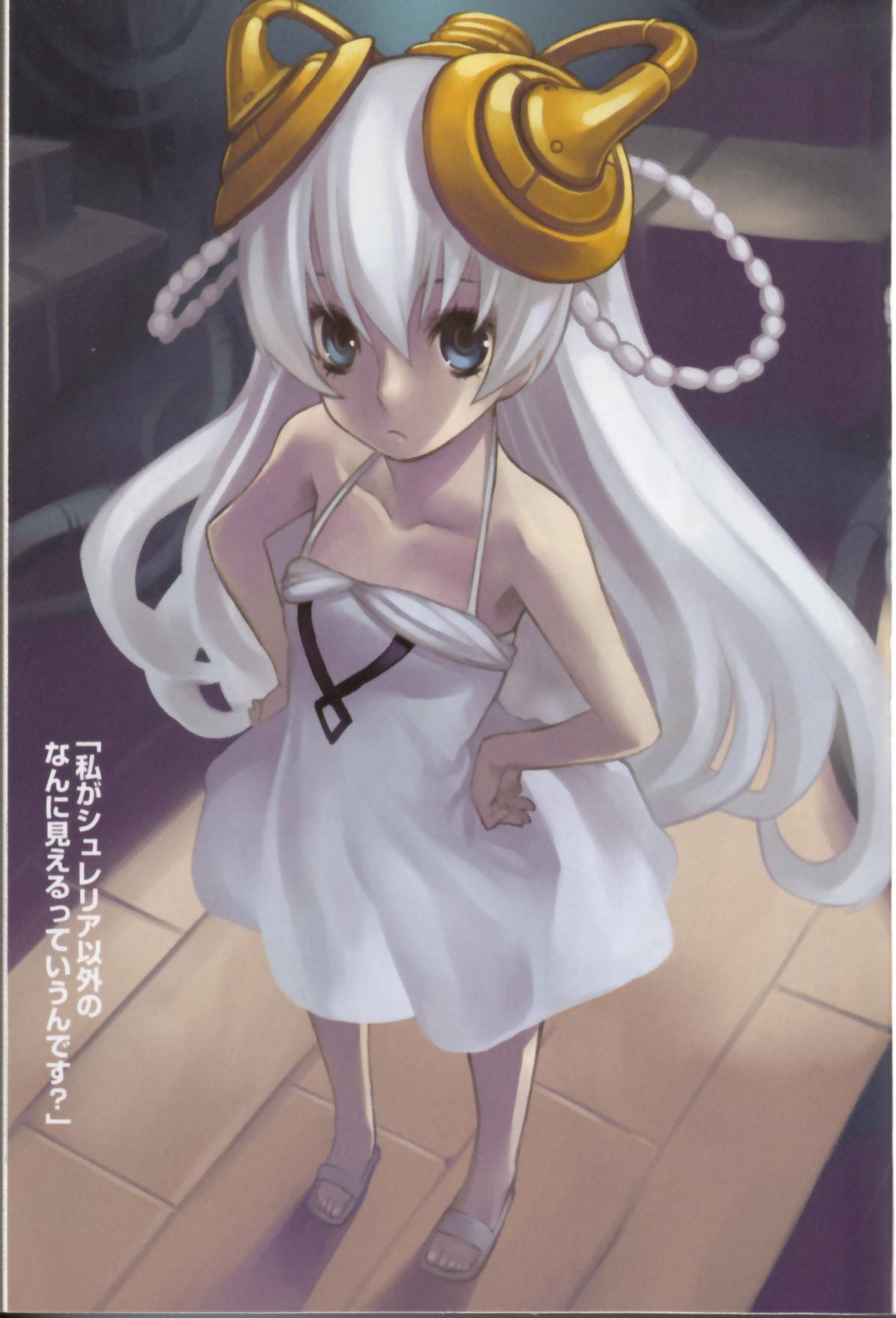 nagi ryou, shurelia (ar tonelico), ar tonelico, ar tonelico i, gust, highres, official art, 00s, 1girl, aged down, bare shoulders, blue eyes, braid, dress, female focus, flat chest, frown, hair ornament, hands on own hips, long hair, sandals, skirt, sleeveless, solo, twin braids, white dress, white hair, white skirt